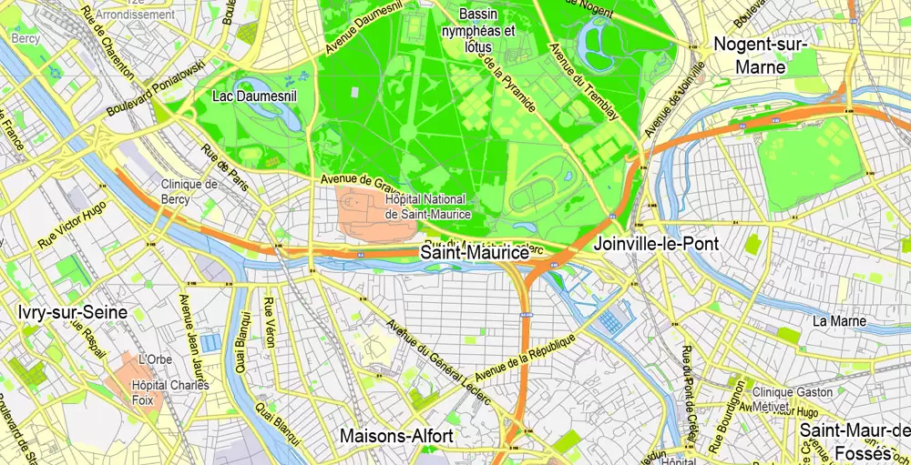 Printable Map Paris Grande Map, France, vector map Adobe Illustrator editable City Plan G-View Level 13 (2.000 meters scale) V3.09, full vector, scalable, editable, text format street names, 6 mb ZIP