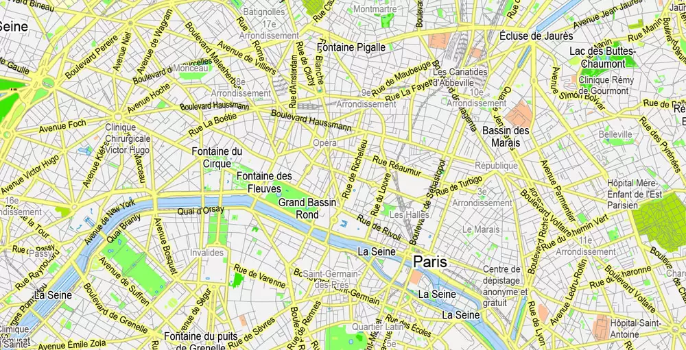 Printable Map Paris Grande Map, France, vector map Adobe Illustrator editable City Plan G-View Level 13 (2.000 meters scale) V3.09, full vector, scalable, editable, text format street names, 6 mb ZIP