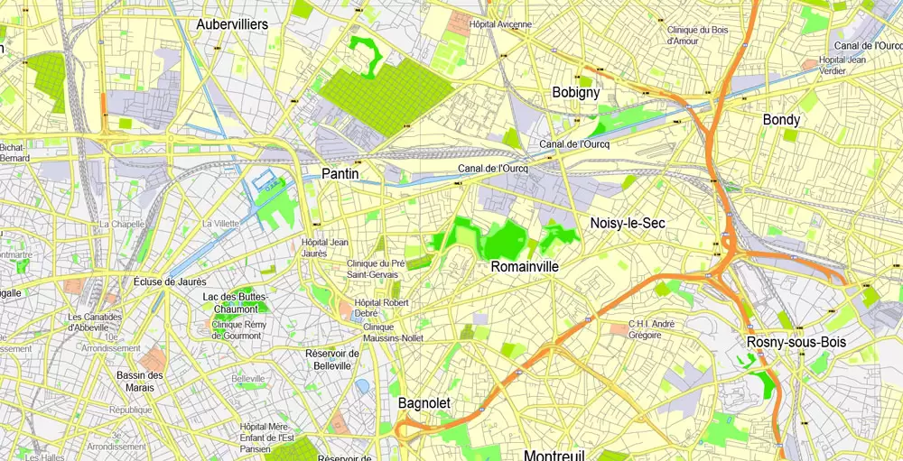 Printable Map Paris Grande Map, France, vector map Adobe Illustrator editable City Plan G-View Level 13 (2.000 meters scale) V3.09, full vector, scalable, editable, text format street names, 6 mb ZIP