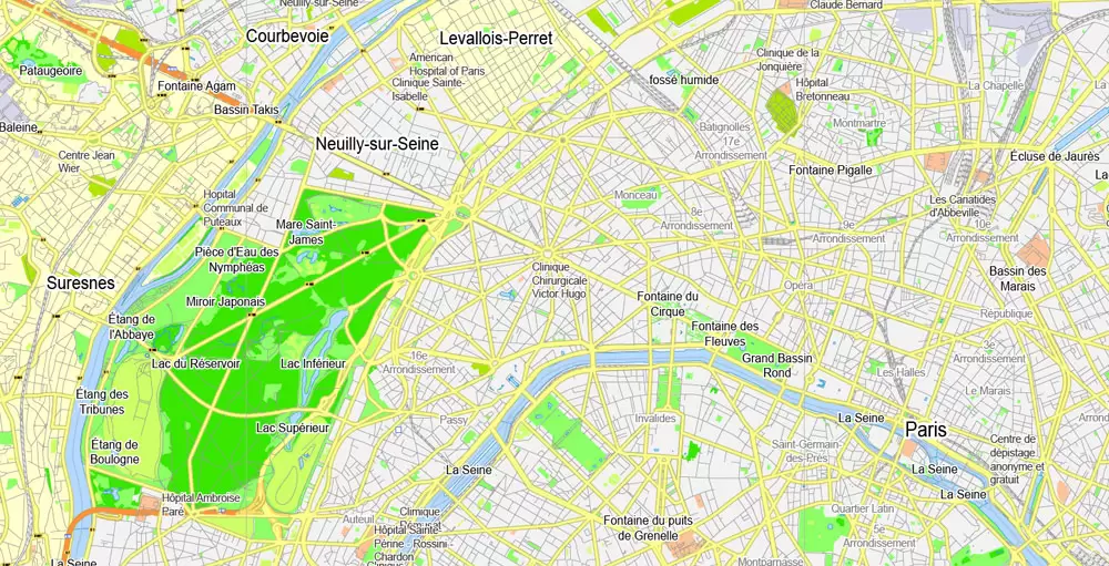 Printable Map Paris Grande Map, France, vector map Adobe Illustrator editable City Plan G-View Level 13 (2.000 meters scale) V3.09, full vector, scalable, editable, text format street names, 6 mb ZIP