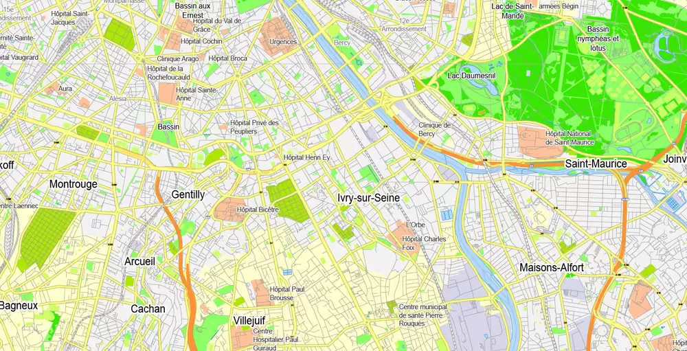 Printable Map Paris Grande Map, France, vector map Adobe Illustrator editable City Plan G-View Level 13 (2.000 meters scale) V3.09, full vector, scalable, editable, text format street names, 6 mb ZIP
