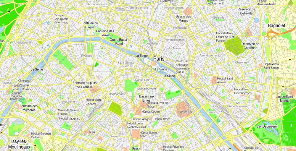 Printable Map Paris Grande Map, France, vector map Adobe Illustrator editable City Plan G-View Level 13 (2.000 meters scale) V3.09, full vector, scalable, editable, text format street names, 6 mb ZIP