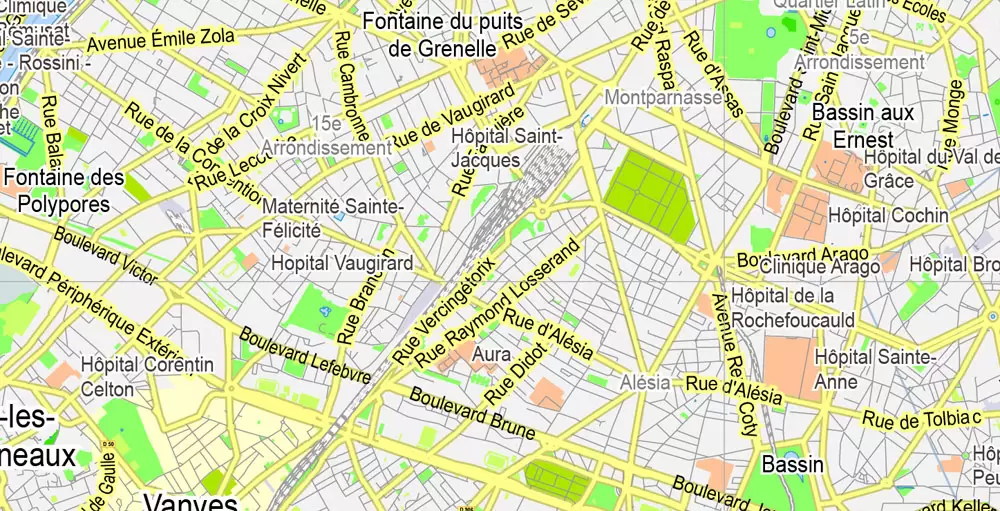Printable Map Paris Grande Map, France, vector map Adobe Illustrator editable City Plan G-View Level 13 (2.000 meters scale) V3.09, full vector, scalable, editable, text format street names, 6 mb ZIP