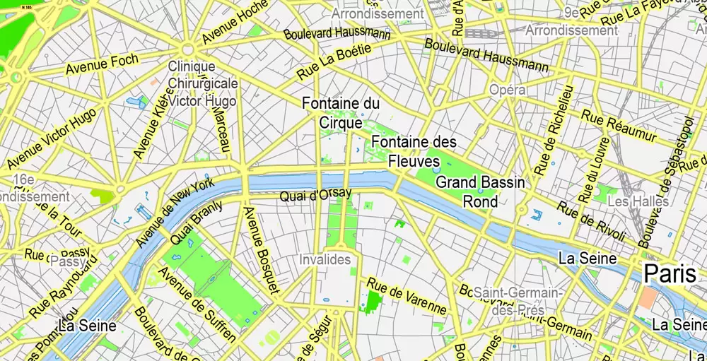 Printable Map Paris Grande Map, France, vector map Adobe Illustrator editable City Plan G-View Level 13 (2.000 meters scale) V3.09, full vector, scalable, editable, text format street names, 6 mb ZIP