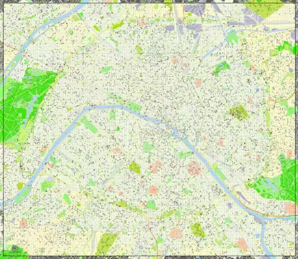 Printable Map Paris, France, exact vector map Adobe Illustrator editable City Plan G-View Level 17 (100 meters scale) V3.09, full vector, scalable, editable, text format street names, 16 mb ZIP