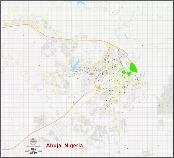 Printable Map Abuja, Nigeria, exact vector map G-View level 16 (250 meters) street City Plan full editable, Adobe Illustrator, full vector, scalable, editable text format street names, 2 mb ZIP
