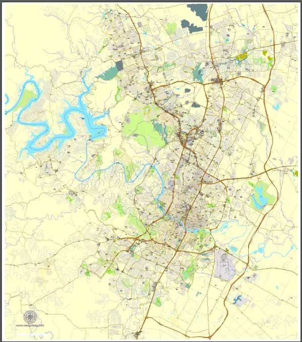 Printable Map Austin, Texas, US, exact vector map Adobe Illustrator editable City Plan V3.09, full vector, scalable, editable, text format street names, 19 mb ZIP