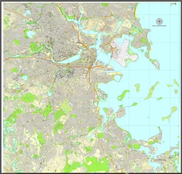 Vector Map Boston, Massachusetts, US, exact map: Printable City Plan Map V.2, Adobe Illustrator, full vector, scalable, editable, separated text layer street names, 43 mb ZIP