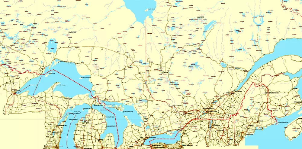 Free vector Map Canada, mainroads, cities, borders, province borders, Adobe Illustrator, PDF, editable, printable