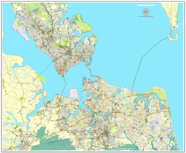 Printable map Hampton, Newport News, Norfolk, Chesapeake, Portsmouth, Virginia Beach, US, exact vector street City Plan map V2.09, full editable, Adobe Illustrator, full vector, scalable, editable text format street names, 45 mb ZIP
