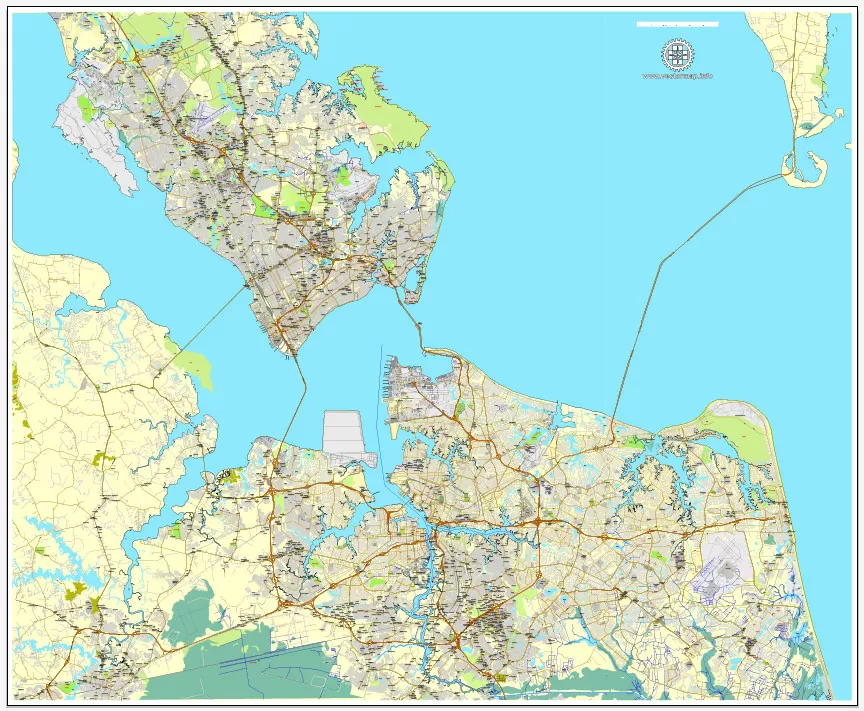 Printable map Hampton, Newport News, Norfolk, Chesapeake, Portsmouth, Virginia Beach, US, exact vector street City Plan map V2.09, full editable, Adobe Illustrator, full vector, scalable, editable text format street names, 45 mb ZIP