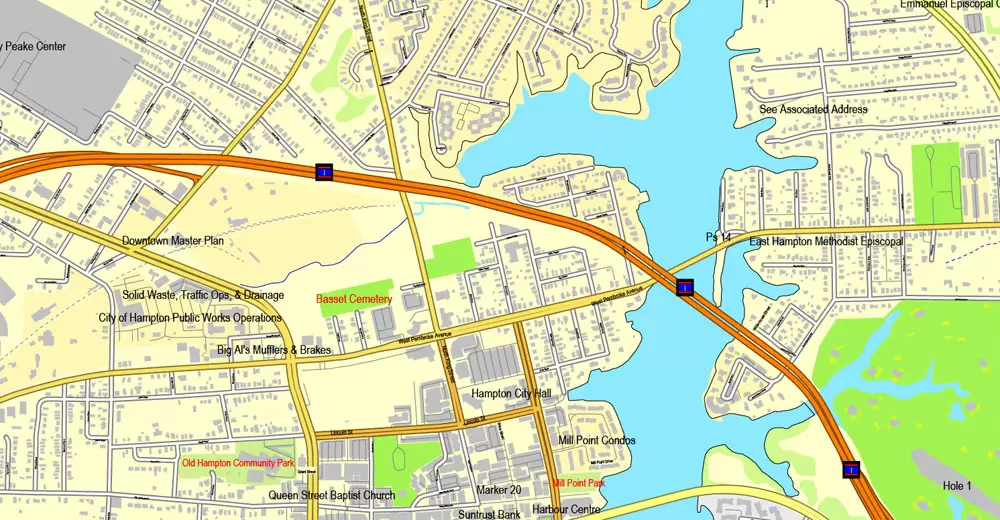 Printable map Hampton, Newport News, Norfolk, Chesapeake, Portsmouth, Virginia Beach, US, exact vector street City Plan map V2.09, full editable, Adobe Illustrator, full vector, scalable, editable text format street names, 45 mb ZIP