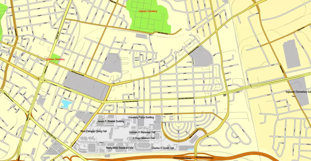 Printable map Hampton, Newport News, Norfolk, Chesapeake, Portsmouth, Virginia Beach, US, exact vector street City Plan map V2.09, full editable, Adobe Illustrator, full vector, scalable, editable text format street names, 45 mb ZIP