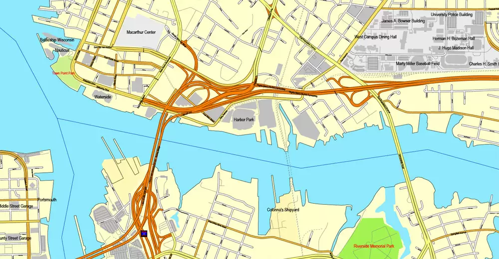 Printable map Hampton, Newport News, Norfolk, Chesapeake, Portsmouth, Virginia Beach, US, exact vector street City Plan map V2.09, full editable, Adobe Illustrator, full vector, scalable, editable text format street names, 45 mb ZIP