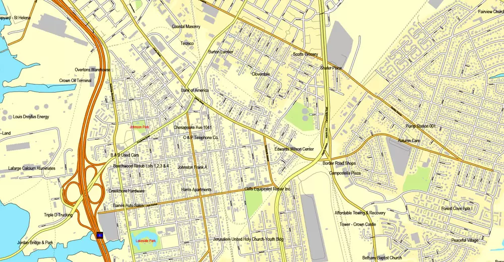 Printable map Hampton, Newport News, Norfolk, Chesapeake, Portsmouth, Virginia Beach, US, exact vector street City Plan map V2.09, full editable, Adobe Illustrator, full vector, scalable, editable text format street names, 45 mb ZIP