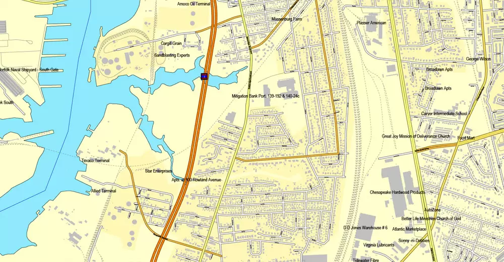 Printable map Hampton, Newport News, Norfolk, Chesapeake, Portsmouth, Virginia Beach, US, exact vector street City Plan map V2.09, full editable, Adobe Illustrator, full vector, scalable, editable text format street names, 45 mb ZIP