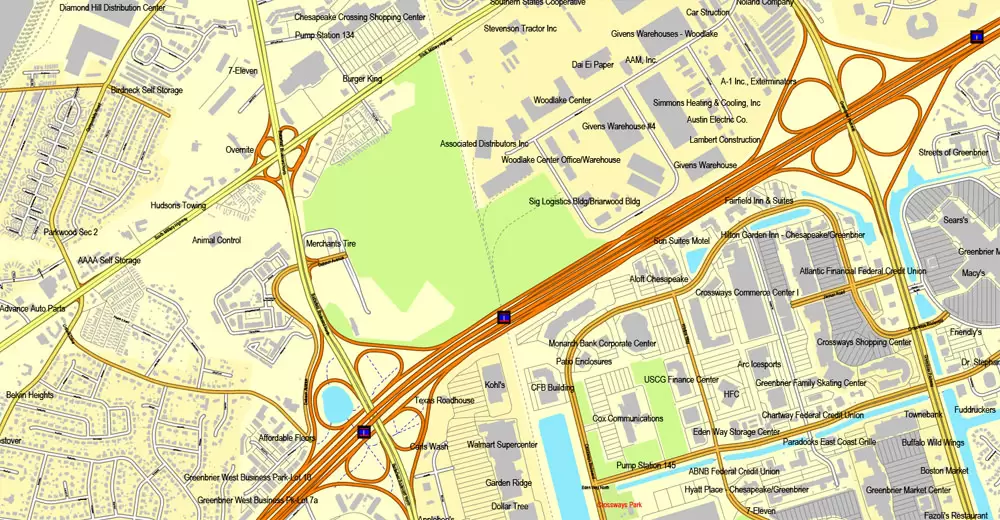 Printable map Hampton, Newport News, Norfolk, Chesapeake, Portsmouth, Virginia Beach, US, exact vector street City Plan map V2.09, full editable, Adobe Illustrator, full vector, scalable, editable text format street names, 45 mb ZIP