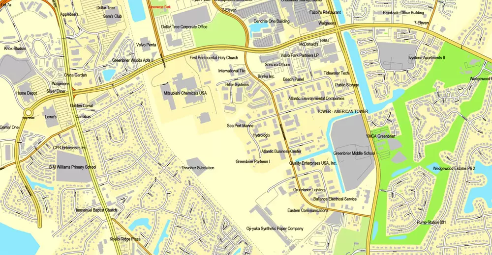 Printable map Hampton, Newport News, Norfolk, Chesapeake, Portsmouth, Virginia Beach, US, exact vector street City Plan map V2.09, full editable, Adobe Illustrator, full vector, scalable, editable text format street names, 45 mb ZIP