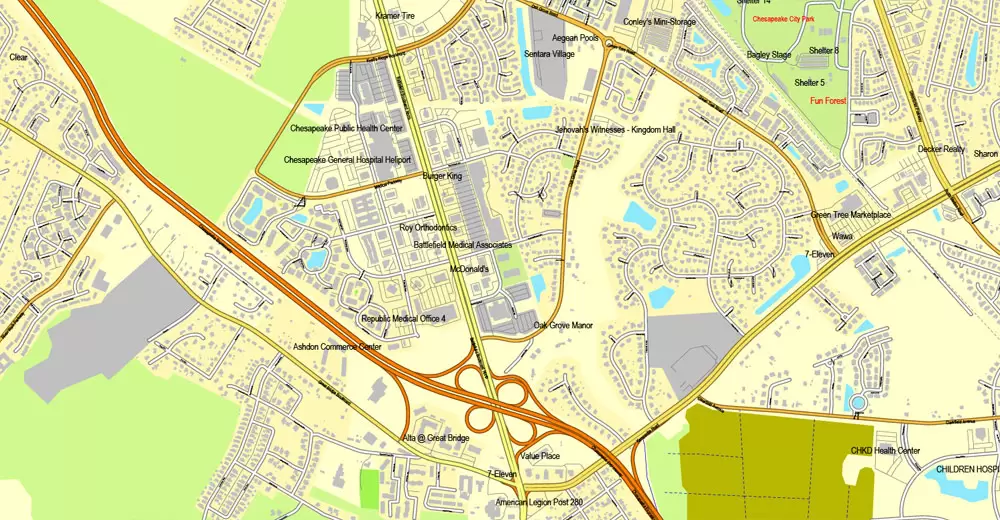 Printable map Hampton, Newport News, Norfolk, Chesapeake, Portsmouth, Virginia Beach, US, exact vector street City Plan map V2.09, full editable, Adobe Illustrator, full vector, scalable, editable text format street names, 45 mb ZIP