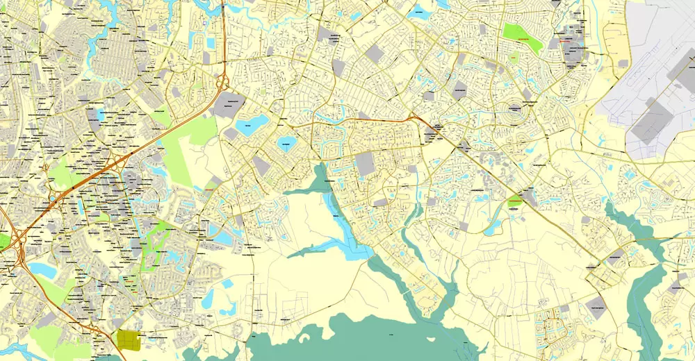 Printable map Hampton, Newport News, Norfolk, Chesapeake, Portsmouth, Virginia Beach, US, exact vector street City Plan map V2.09, full editable, Adobe Illustrator, full vector, scalable, editable text format street names, 45 mb ZIP