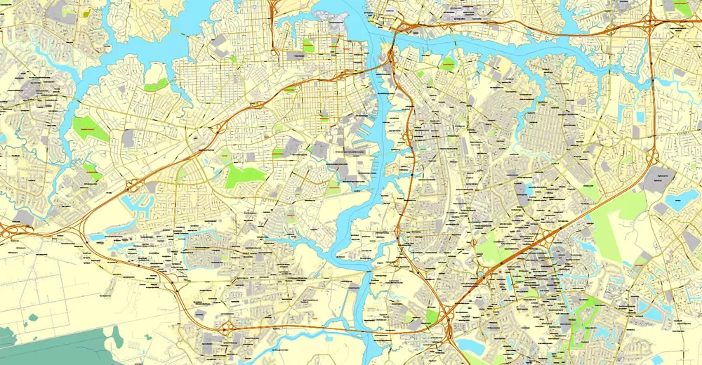 Printable map Hampton, Newport News, Norfolk, Chesapeake, Portsmouth, Virginia Beach, US, exact vector street City Plan map V2.09, full editable, Adobe Illustrator, full vector, scalable, editable text format street names, 45 mb ZIP