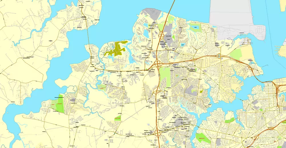 Printable map Hampton, Newport News, Norfolk, Chesapeake, Portsmouth, Virginia Beach, US, exact vector street City Plan map V2.09, full editable, Adobe Illustrator, full vector, scalable, editable text format street names, 45 mb ZIP