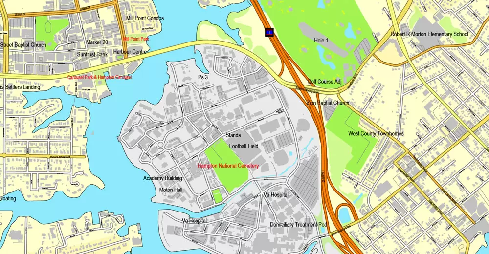 Printable map Hampton, Newport News, Norfolk, Chesapeake, Portsmouth, Virginia Beach, US, exact vector street City Plan map V2.09, full editable, Adobe Illustrator, full vector, scalable, editable text format street names, 45 mb ZIP