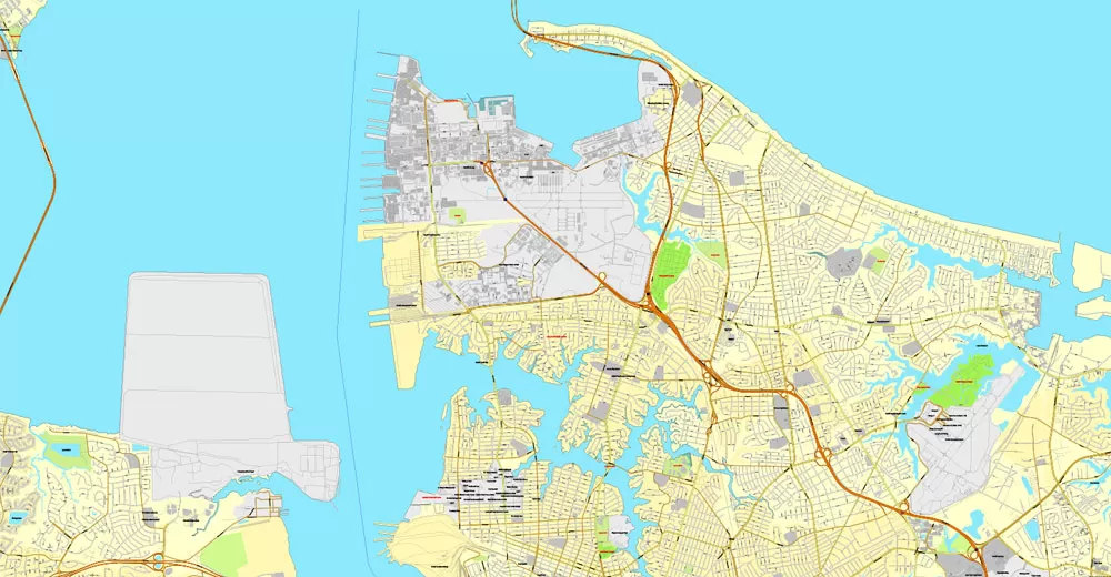 Printable map Hampton, Newport News, Norfolk, Chesapeake, Portsmouth, Virginia Beach, US, exact vector street City Plan map V2.09, full editable, Adobe Illustrator, full vector, scalable, editable text format street names, 45 mb ZIP