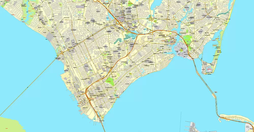 Printable map Hampton, Newport News, Norfolk, Chesapeake, Portsmouth, Virginia Beach, US, exact vector street City Plan map V2.09, full editable, Adobe Illustrator, full vector, scalable, editable text format street names, 45 mb ZIP
