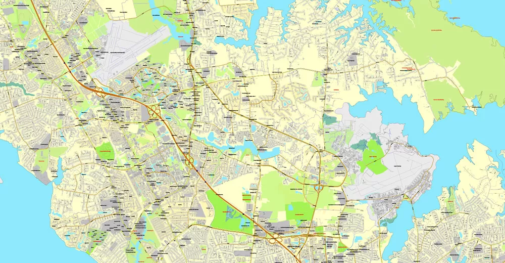 Printable map Hampton, Newport News, Norfolk, Chesapeake, Portsmouth, Virginia Beach, US, exact vector street City Plan map V2.09, full editable, Adobe Illustrator, full vector, scalable, editable text format street names, 45 mb ZIP