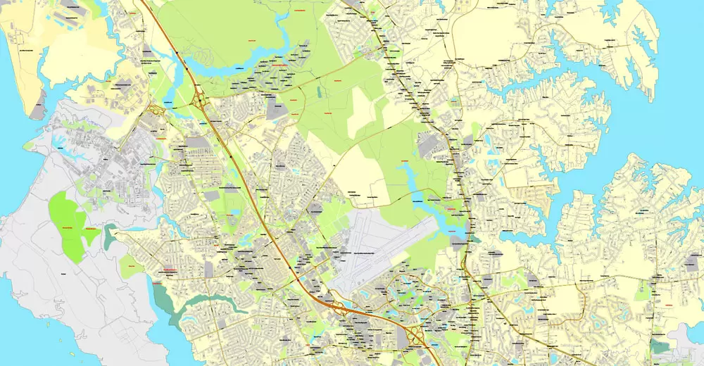 Printable map Hampton, Newport News, Norfolk, Chesapeake, Portsmouth, Virginia Beach, US, exact vector street City Plan map V2.09, full editable, Adobe Illustrator, full vector, scalable, editable text format street names, 45 mb ZIP