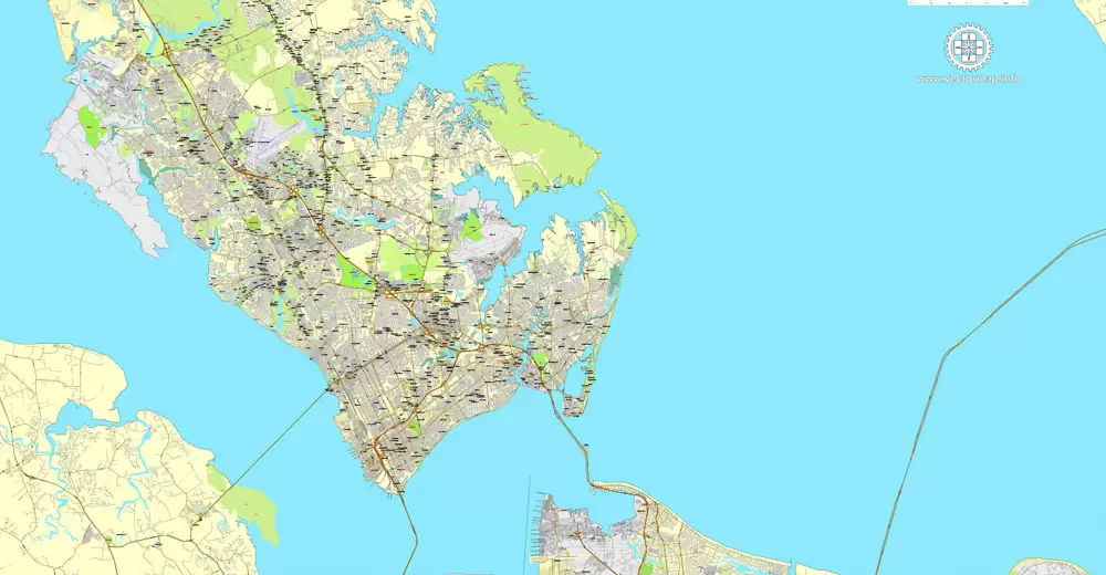 Printable map Hampton, Newport News, Norfolk, Chesapeake, Portsmouth, Virginia Beach, US, exact vector street City Plan map V2.09, full editable, Adobe Illustrator, full vector, scalable, editable text format street names, 45 mb ZIP