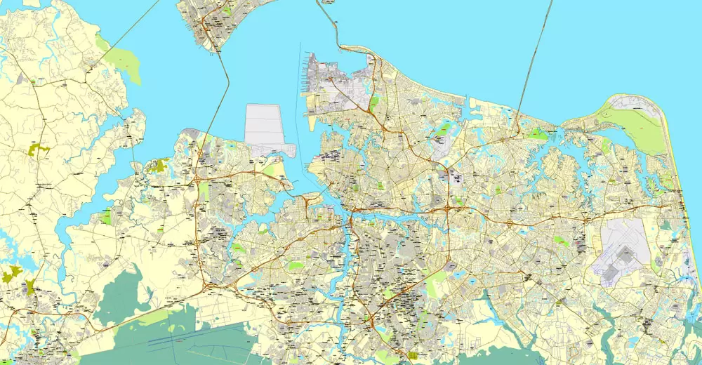 Printable map Hampton, Newport News, Norfolk, Chesapeake, Portsmouth, Virginia Beach, US, exact vector street City Plan map V2.09, full editable, Adobe Illustrator, full vector, scalable, editable text format street names, 45 mb ZIP