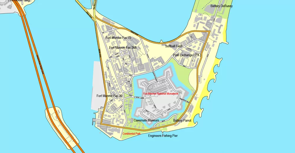 Printable map Hampton, Newport News, Norfolk, Chesapeake, Portsmouth, Virginia Beach, US, exact vector street City Plan map V2.09, full editable, Adobe Illustrator, full vector, scalable, editable text format street names, 45 mb ZIP