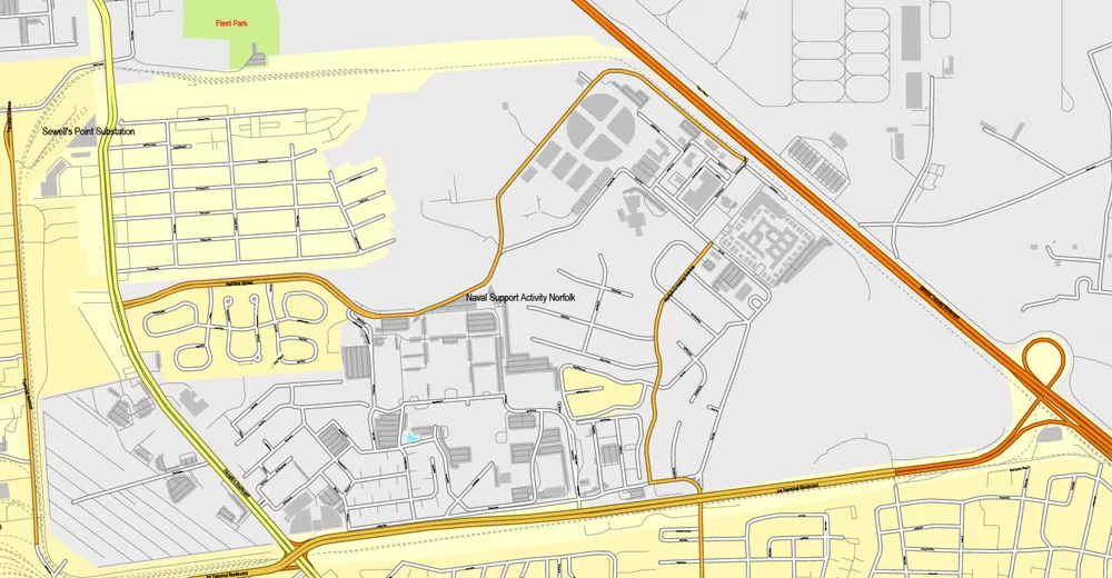 Printable map Hampton, Newport News, Norfolk, Chesapeake, Portsmouth, Virginia Beach, US, exact vector street City Plan map V2.09, full editable, Adobe Illustrator, full vector, scalable, editable text format street names, 45 mb ZIP