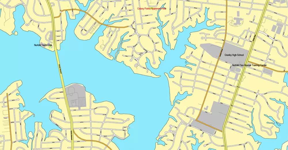 Printable map Hampton, Newport News, Norfolk, Chesapeake, Portsmouth, Virginia Beach, US, exact vector street City Plan map V2.09, full editable, Adobe Illustrator, full vector, scalable, editable text format street names, 45 mb ZIP