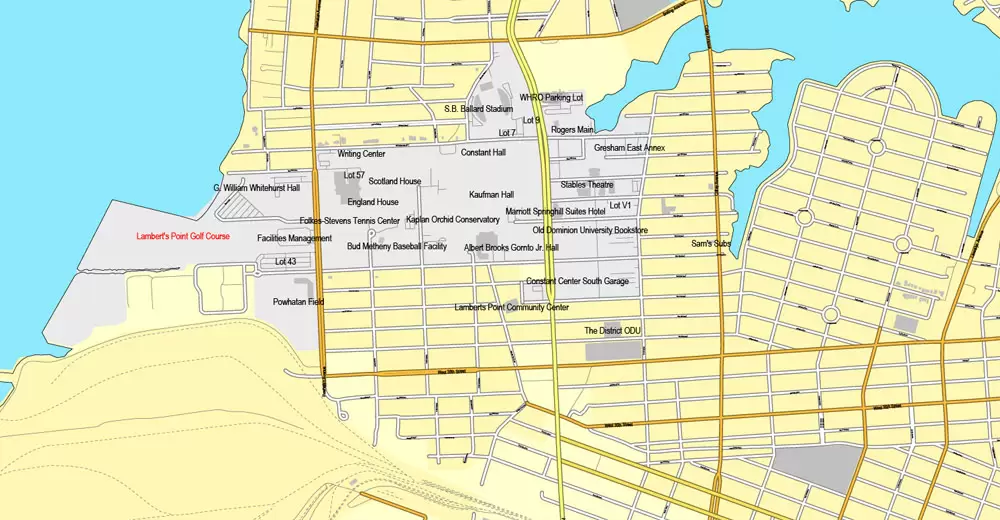 Printable map Hampton, Newport News, Norfolk, Chesapeake, Portsmouth, Virginia Beach, US, exact vector street City Plan map V2.09, full editable, Adobe Illustrator, full vector, scalable, editable text format street names, 45 mb ZIP