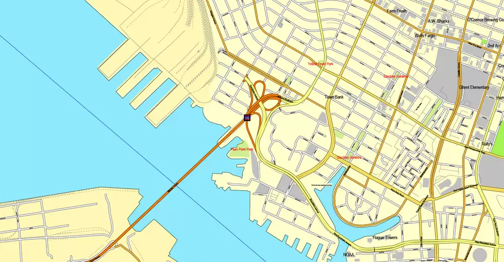 Printable map Hampton, Newport News, Norfolk, Chesapeake, Portsmouth, Virginia Beach, US, exact vector street City Plan map V2.09, full editable, Adobe Illustrator, full vector, scalable, editable text format street names, 45 mb ZIP