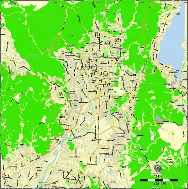 Printable Map Kyoto, Japan, exact vector map G-View level 13 (2,000 meters) street City Plan V.3.09 full editable, Adobe Illustrator, full vector, scalable, editable text format street names, 5 mb ZIP