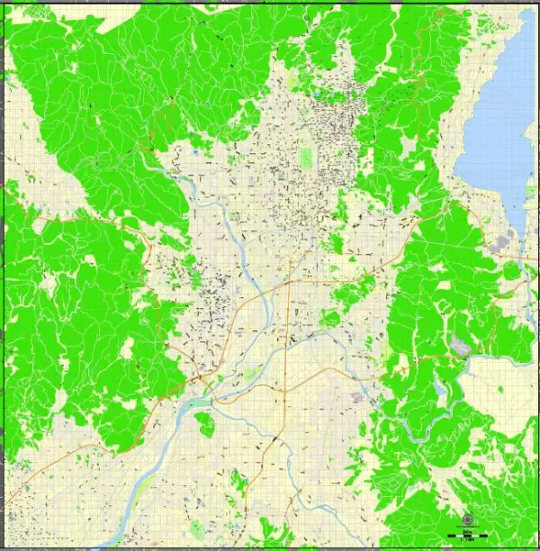 Printable Map Kyoto, Japan, exact vector map G-View level 16 (250 meters) street City Plan V.3.09 full editable, Adobe Illustrator, full vector, scalable, editable text format street names, 13 mb ZIP