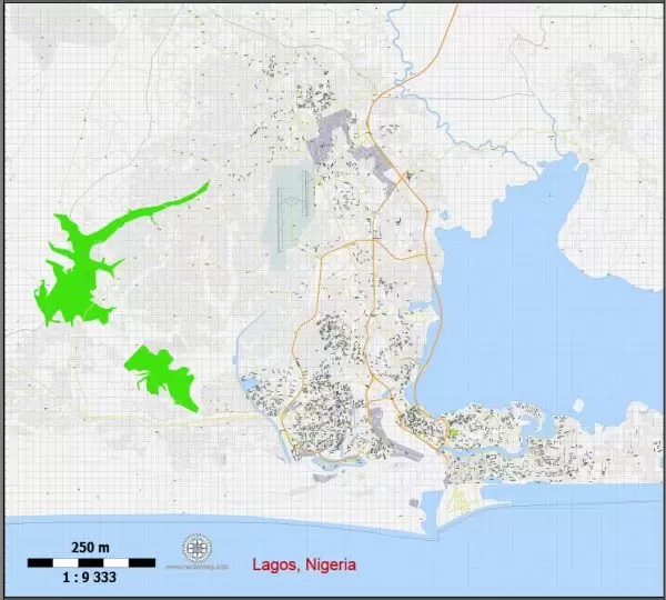 Printable Map Lagos, Nigeria, exact vector map G-View level 16 (250 meters) street City Plan full editable, Adobe Illustrator, full vector, scalable, editable text format street names, 6 mb ZIP