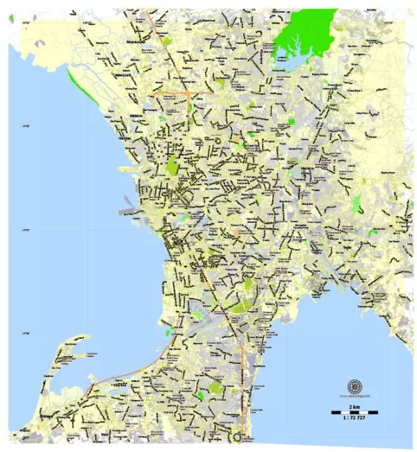Printable Map Manila Grande, Philippines, exact vector street City Plan map G-View Level 13 (2000 meters), full editable, Adobe Illustrator, full vector, scalable, editable text format street names, 6 mb ZIP