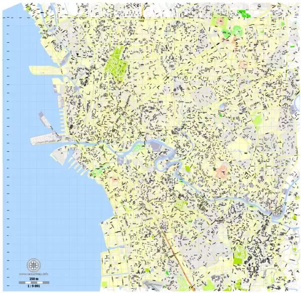 Printable Map Manila, Philippines, exact vector street City Plan map G-View Level 16 (250 meters), full editable, Adobe Illustrator, full vector, scalable, editable text format street names, 10 mb ZIP
