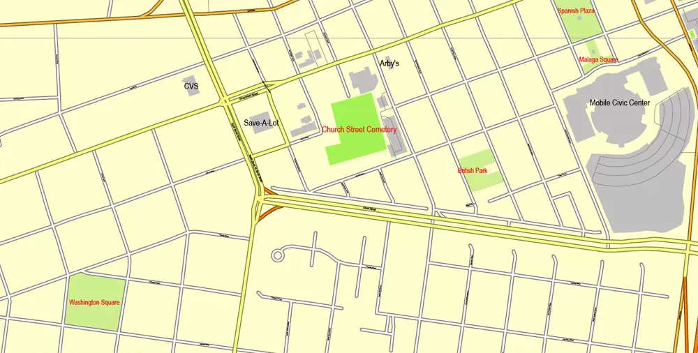 Printable Map Mobile, Alabama, US, exact vector street City Plan map V3.09, full editable, Adobe Illustrator, full vector, scalable, editable text format street names, 7 mb ZIP