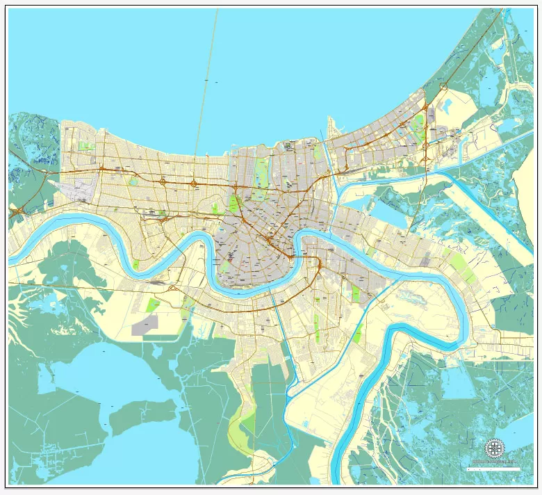 Vector Map New Orleans, Louisiana, US, exact vector map Adobe Illustrator editable City Plan V3.09, full vector