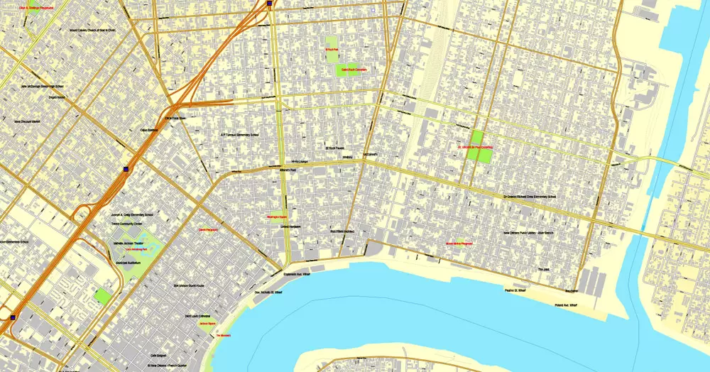 Vector Map New Orleans, Louisiana, US, exact vector map Adobe Illustrator editable City Plan V3.09, full vector