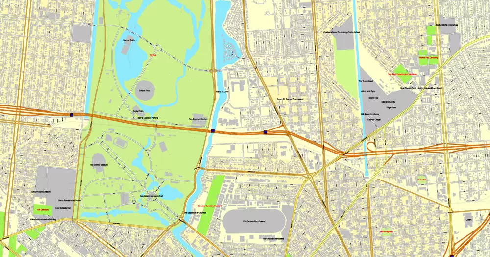 Vector Map New Orleans, Louisiana, US, exact vector map Adobe Illustrator editable City Plan V3.09, full vector