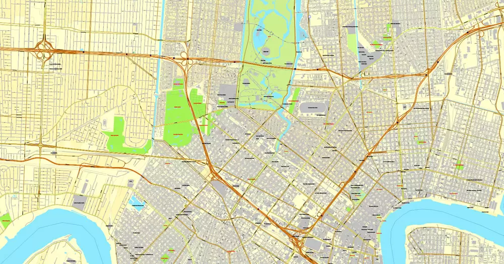 Vector Map New Orleans, Louisiana, US, exact vector map Adobe Illustrator editable City Plan V3.09, full vector