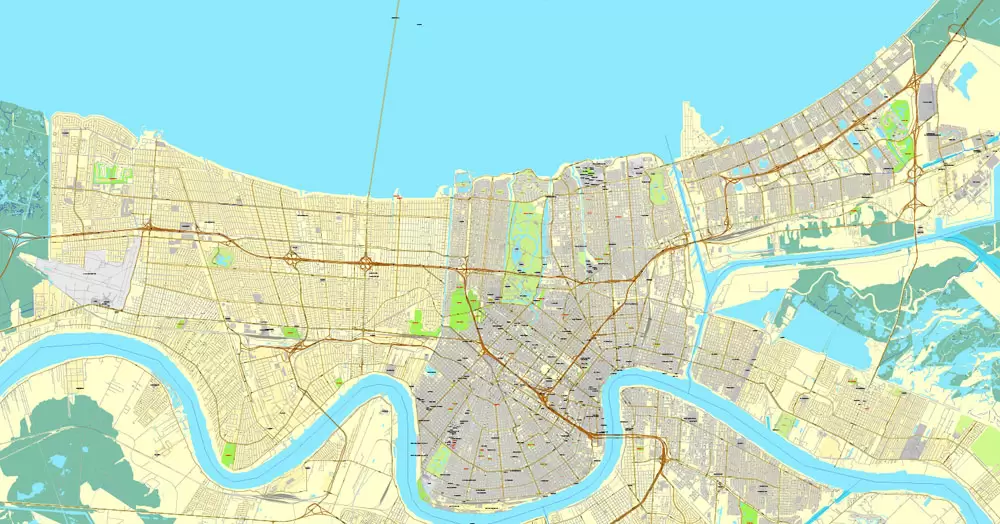 Vector Map New Orleans, Louisiana, US, exact vector map Adobe Illustrator editable City Plan V3.09, full vector
