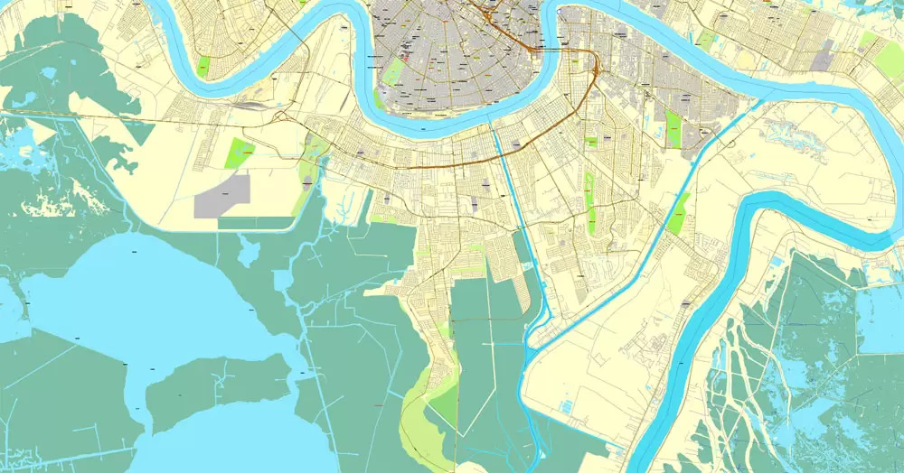 New Orleans, Louisiana, US, exact vector map Adobe PDF editable City Plan V3.09, full vector